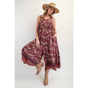 K32 Boho Border Rayon Chalis Wide Leg Romper Jumpsuit